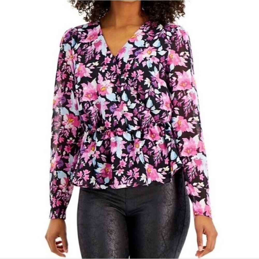 Bar III for Macy's Women's Black Floral Crossover Surplice Long Sleeve Blouse